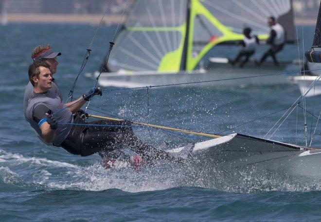 Stephen Morrison and Chris Grube, GBR, Men's Skiff (49er) on day four - 2015 ISAF Sailing WC Weymouth and Portland © onEdition http://www.onEdition.com